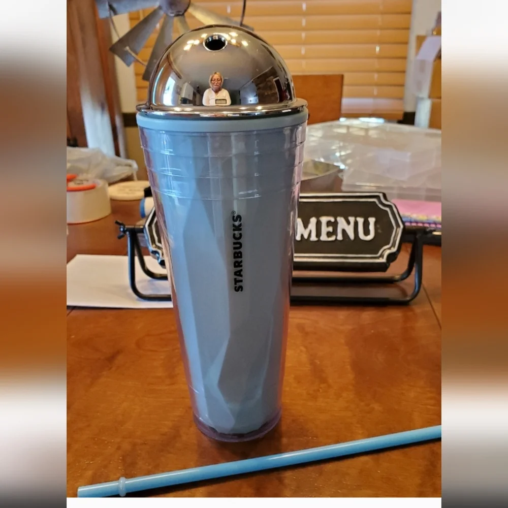 Starbucks 24oz Chiseled Silver Domed Light Blue Cold Cup Tumbler